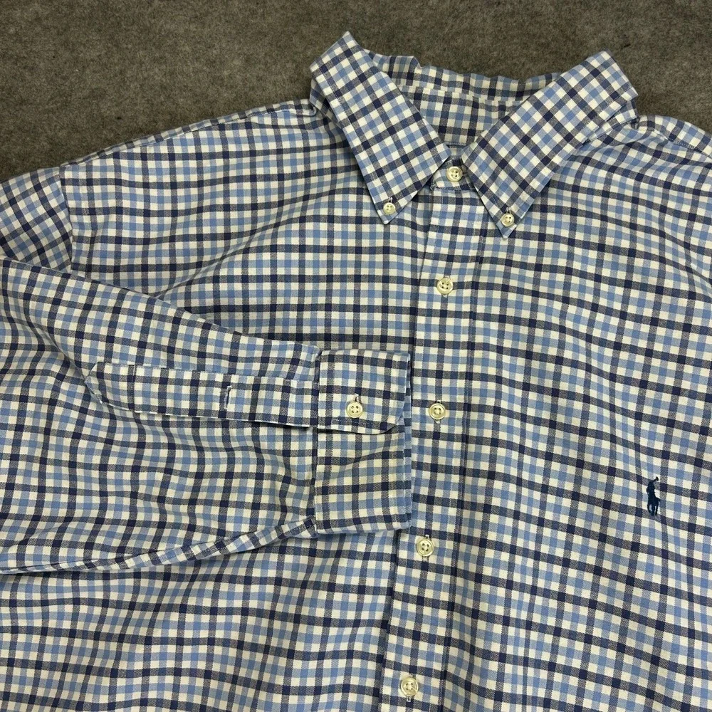 Polo Ralph Lauren Button Down Shirt Mens 3XB Blue White Gingham Long Sleeve Logo
